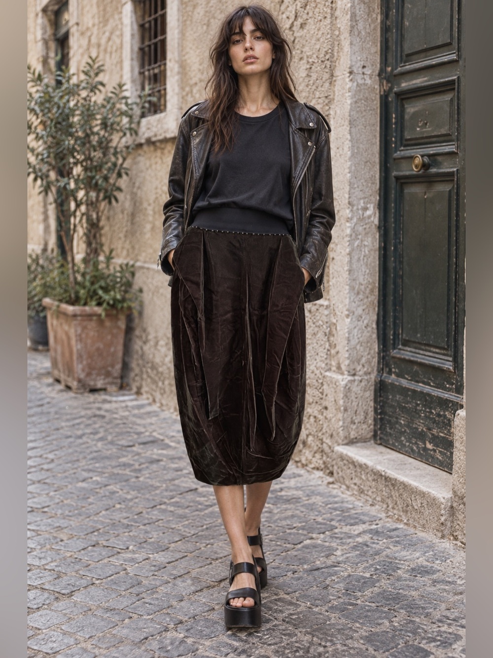 Gianfranco Ferré Sculptural Brown Velvet Cocoon Midi Skirt IT 46 Size 10/12